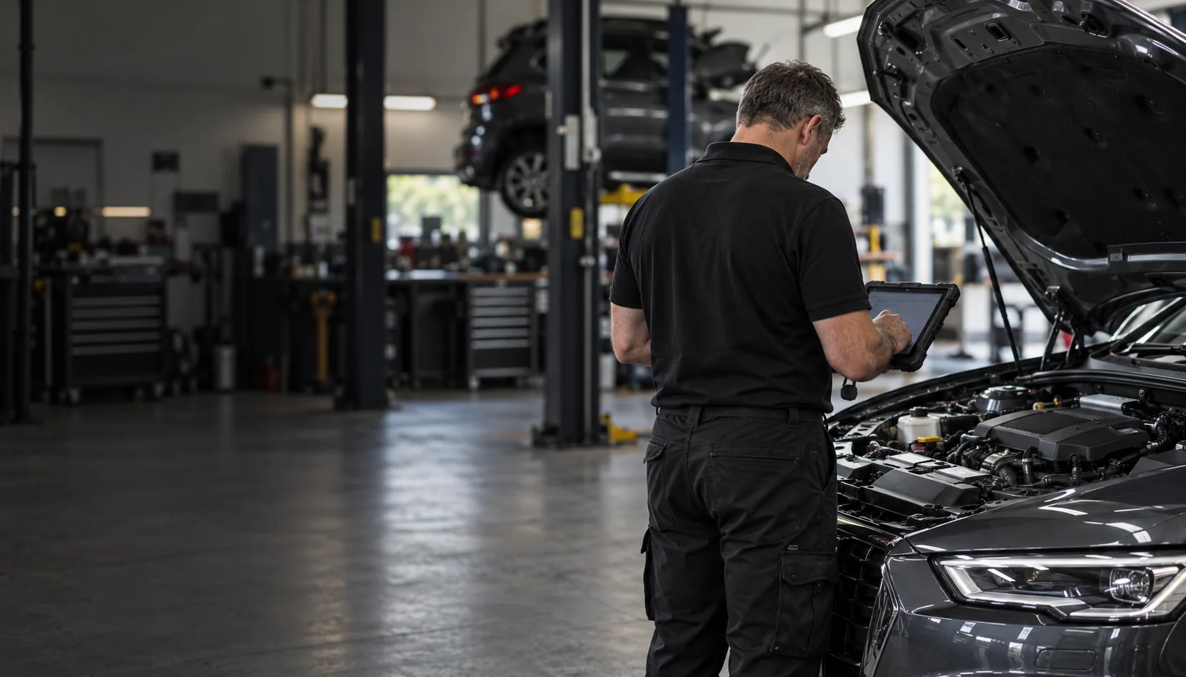 Illustration of a vehicle technician checking a car with a diagnostic tablet